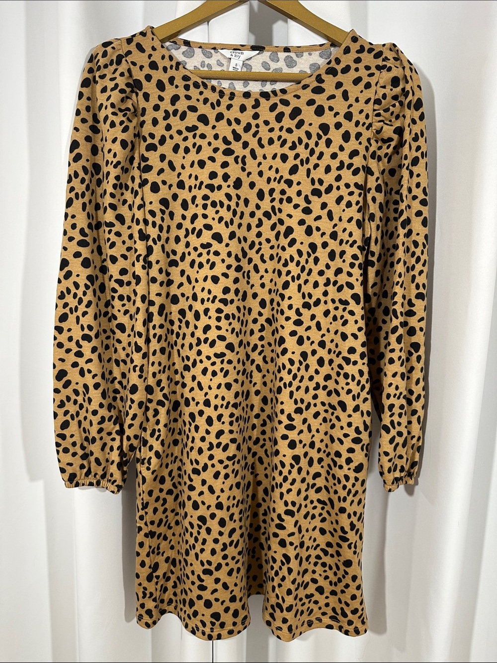 Crown & Ivy Leopard Print Dress Size S Tan Black Puff Sleeve Swing Dress Pockets